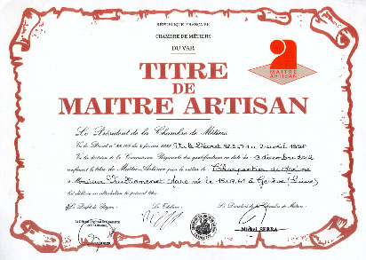 Marc Vuilliomenet - Ma&icirc;tre Artisan certificate
